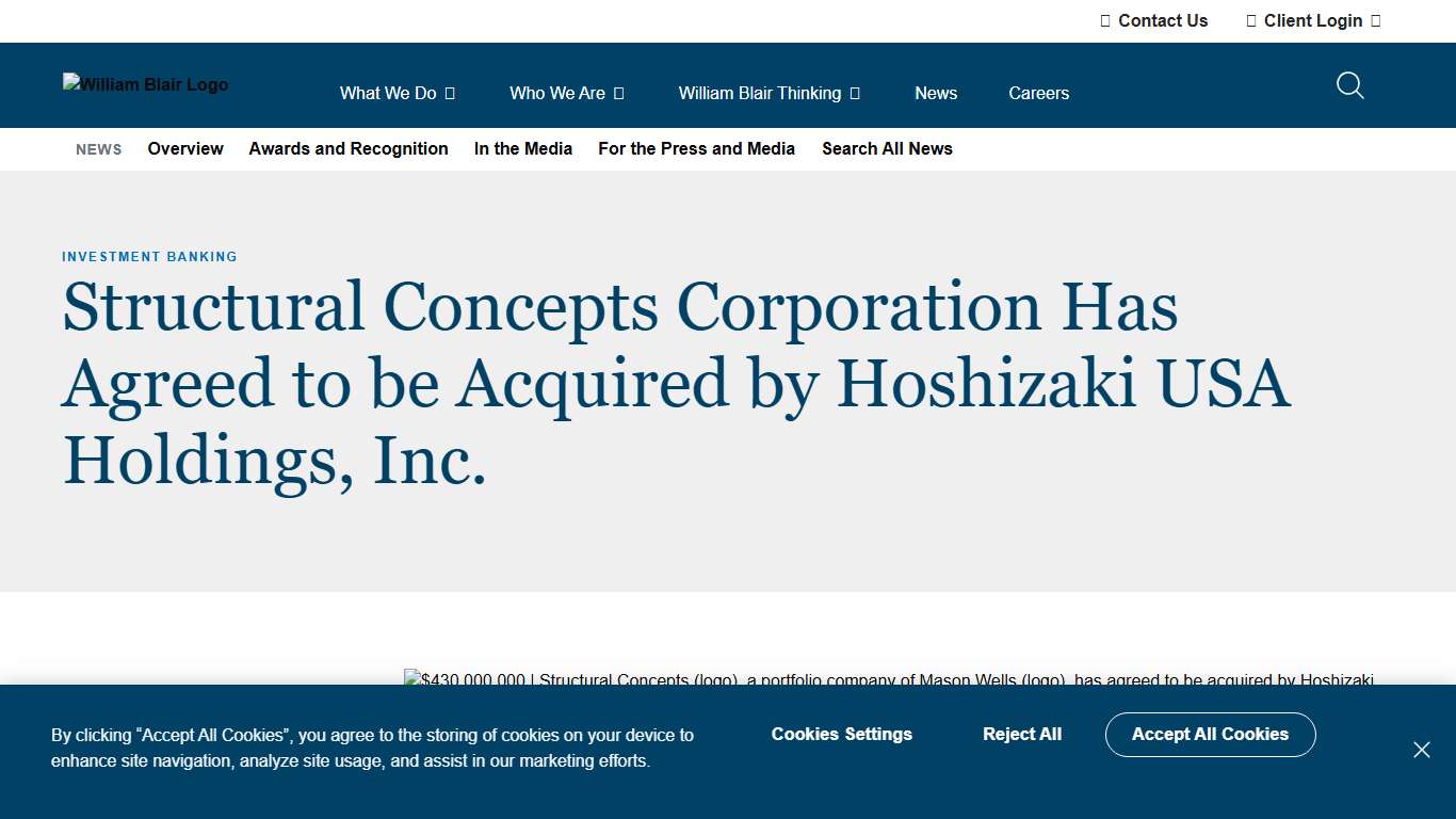Structural Concepts Corporation and Hoshizaki USA Holdings Transaction | William Blair